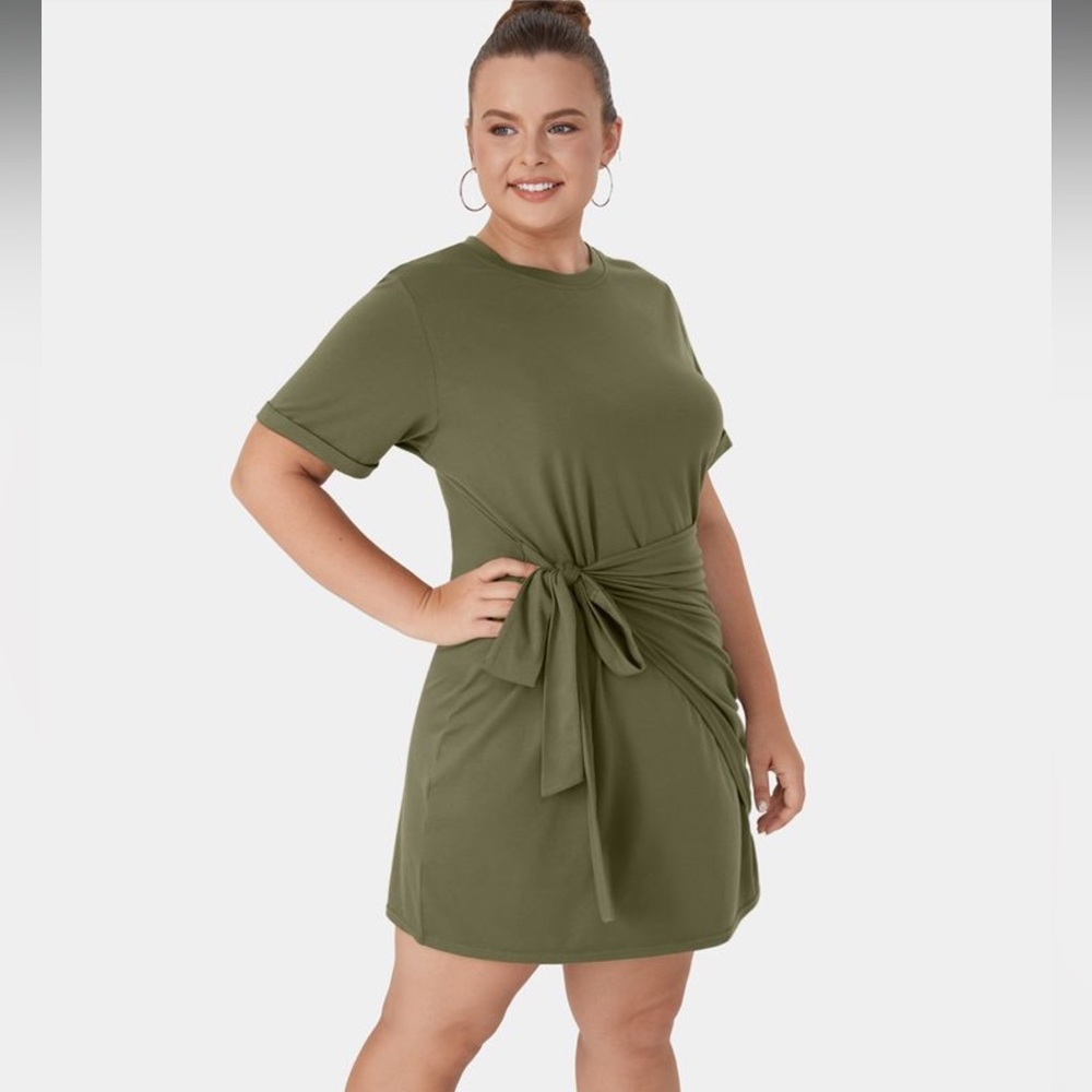 HALARA sz 2X Capulet Olive Round Neck Knot Plain Plus Size Mini Casual Dress